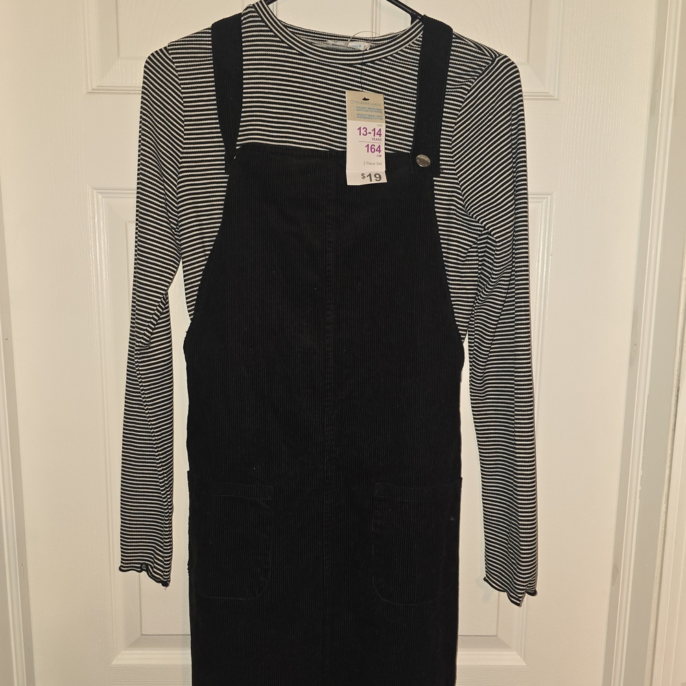 Black Corduroy Overall Dress with Striped Top